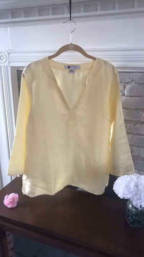 CAROLE LITTLE WOMEN’S LINEN TUNIC BEADED TOP YELLOW 3/4 SLEEVE SIZE M - Picture 9 of 10