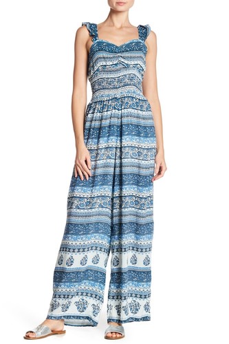 Smocked Floral Print Jumpsuit White 