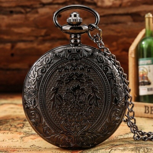 Classical Carved Flower Cover Unisex Analogue Quartz Pocket Watch Necklace Chain - Foto 5 di 14