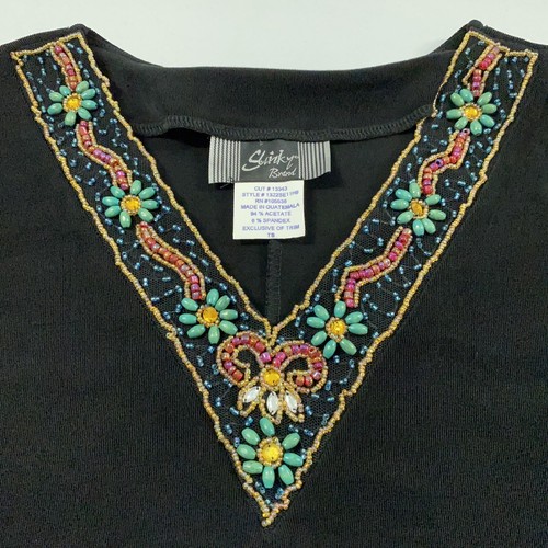 Slinky Brand Top Womens Small Black Beaded V Neck Travel Liquid Knit Tunic Boho - Picture 3 of 12