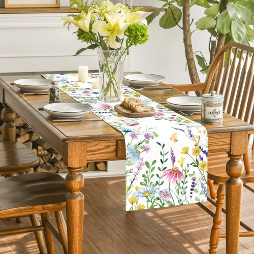 Daisy Eucalyptus Lavender Floral Leaves Summer Table Runner, Spring Kitchen Dini - Picture 4 of 12