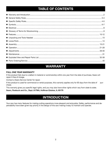 "Sierra ingleteadora compuesta Sears Craftsman 10"" manual del propietario y piezas - modelo 315.212040" - Imagen 2 de 5