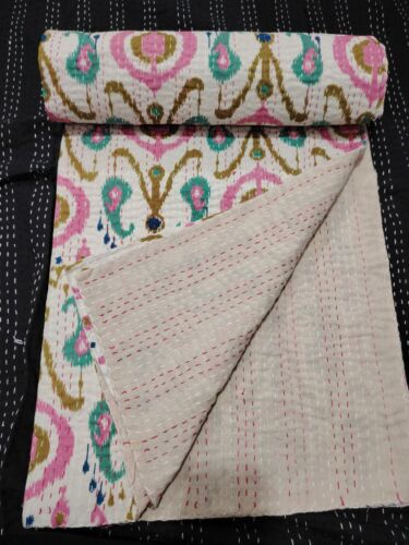 Indian Hand Block Cotton Kantha Quilt Floral Print Bedspread Blanket Throw Gudri - Picture 9 of 9