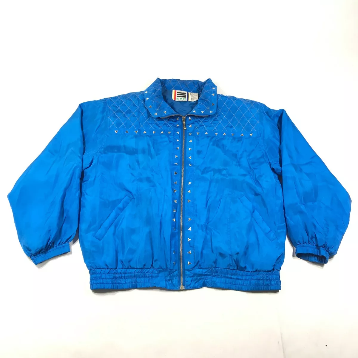 Vintage EVR Silk Bomber Coat Jacket Womens M Blue Studded Full Zip Quilted Ski