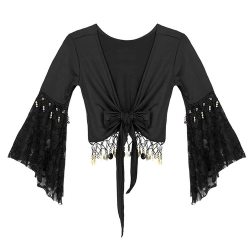 Women Lace Flare Sleeve Gold Coins Lace-Up Shawl Indian Clothing Belly Dance AU - Picture 38 of 85