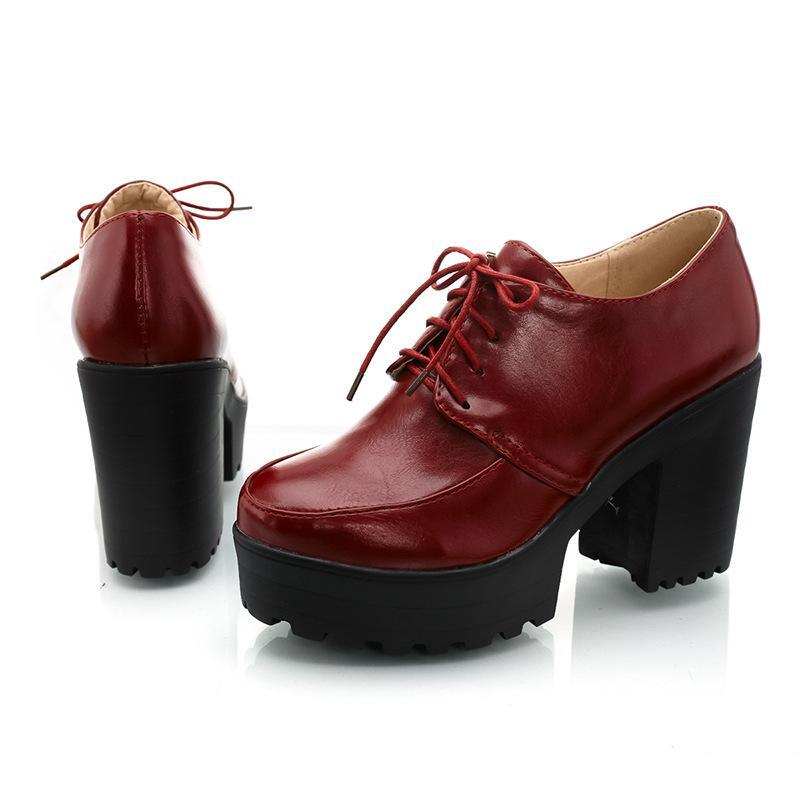 Women Chunky Heel Round Toe Platform Lace Up Ankle Boots Pumps