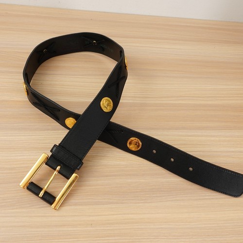 ESCADA Belt XS Black Studded Medallion Roman Stud Gold Chain Western GERMANY - Picture 6 of 18