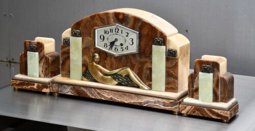 Reloj de mesa de lujo Art Deco juego de tres piezas, mármol bellamente coloreado - Imagen 3 de 10