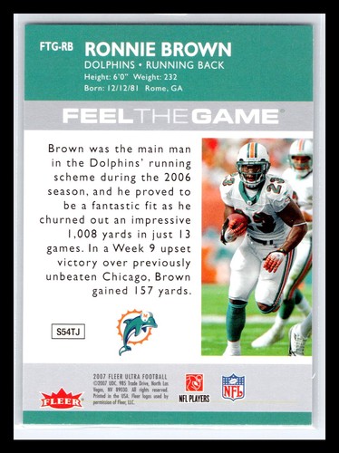 2007 Ultra #FTG-RB Ronnie Brown Feel the Game Insert Miami Dolphins - Picture 2 of 2