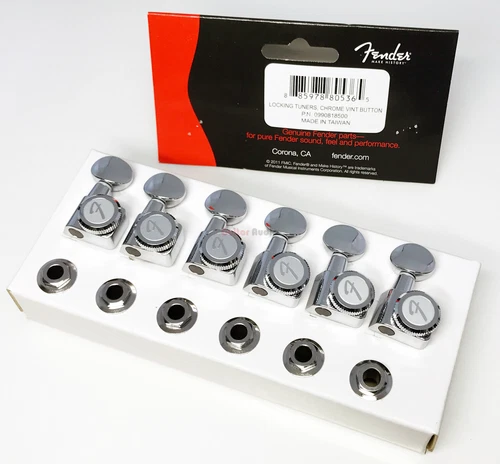 Genuine Fender Locking F Logo Tuners Machines Pegs CHROME w/VINTAGE BUTTONS
