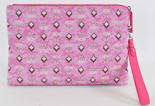New MCM Jacquard Leather Veritas Visetos Logo Wristlet Purse Clutch Pouch PINK - Picture 10 of 11