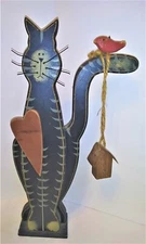 Vintage Wooden Black Cat Figure with bird and Birdhouse