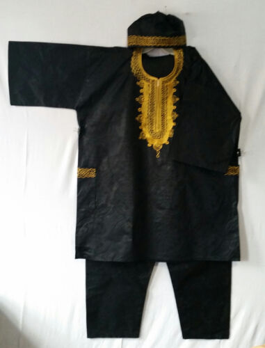 African Clothing Men Brocade 3Pcs Pant Suit Dashiki boho Black Gold Free Size - Picture 3 of 6