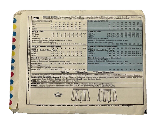 Faldas vintage 1981 McCalls 7634 patrón de costura misses talla 12 cintura 26,5" sin cortar - Imagen 2 de 2