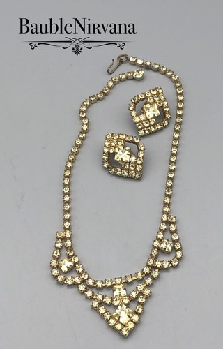 Vintage Citrine Yellow Prong Set Rhinestone Necklace & Clip on Earrings Set - Picture 5 of 5