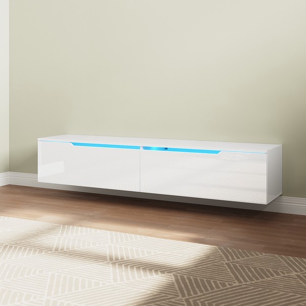 Tv Lowboard Schrank Mit Led Beleuchtung Wohnzimmer HäNgend Weiß Hochglanz 160Cm-image