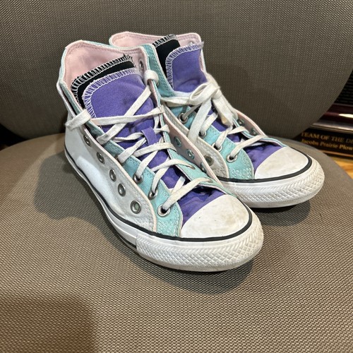 Converse High Top Shoes Chuck Taylor Double Sneaker W8 M6 White Purple Blue VTG - Picture 8 of 10