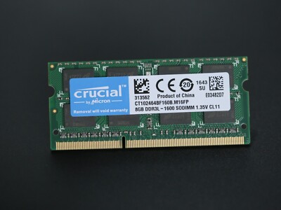 Crucial CT102464BF160B 8GB DDR3L 1600MHz Laptop Memory  PC3L-12800S 204-Pin SO-DIMM Lifetime Warranty China 0649528754592
