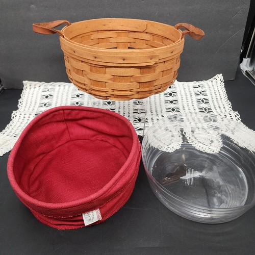 1989 Longaberger Large Round Basket Wine Fabric Liner, Protector Leather Handles - Picture 3 of 10