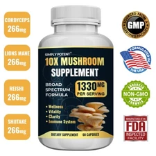 10x Mushroom Complex Supplement - Immune & Brain Support, Stress Relief | 60 Cap