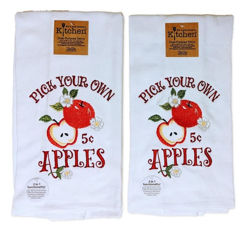 Set of 2 Embroidered APPLE ORCHARD Terry Kitchen Towels by Kay Dee Designs - Bild 1 von 2