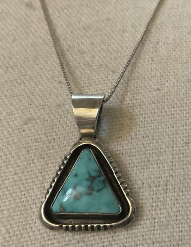 W. DENETDALE Signed Sterling Silver Turquoise NAVAJO Pendant Vint. 18” Triangle