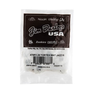 Dunlop 478R1.35 Guitar Picks Tortex White Jazz III 1.35mm --  72 Pack