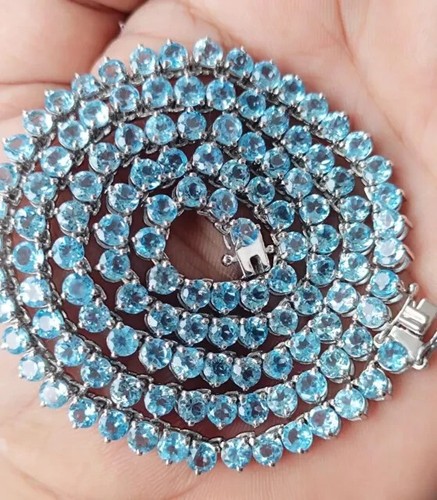 14k White Gold Plated Round Cut Blue Diamond Lab Created Tennis Necklace 22" In