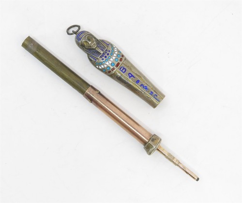 Art Deco 1910's Egyptian Revival Pencil Pendant Silver & Enamel 2.5" - Picture 4 of 9