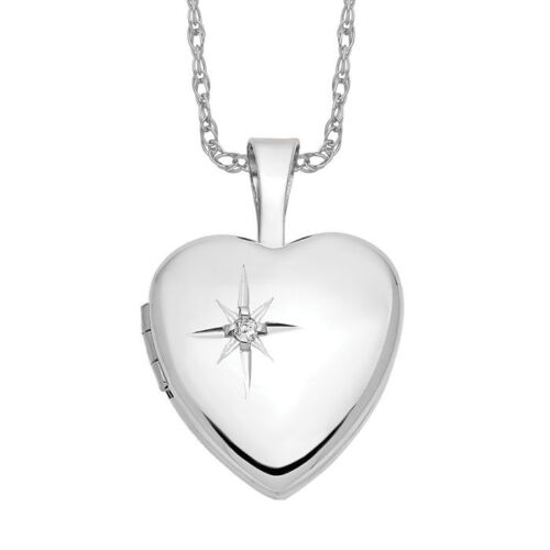 14K Solid White Gold Diamond Heart Photo Locket Necklace - Picture 2 of 24