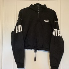 Cropped Sweatshirt XL Black PUMA Quarter zip VGC Casual Sportswear Sleeve Logo