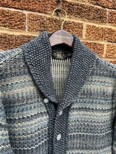 $1190 New RRL Ralph Lauren Hand Knit Cardigan Navy Striped Men's Size Large L - Picture 2 of 4