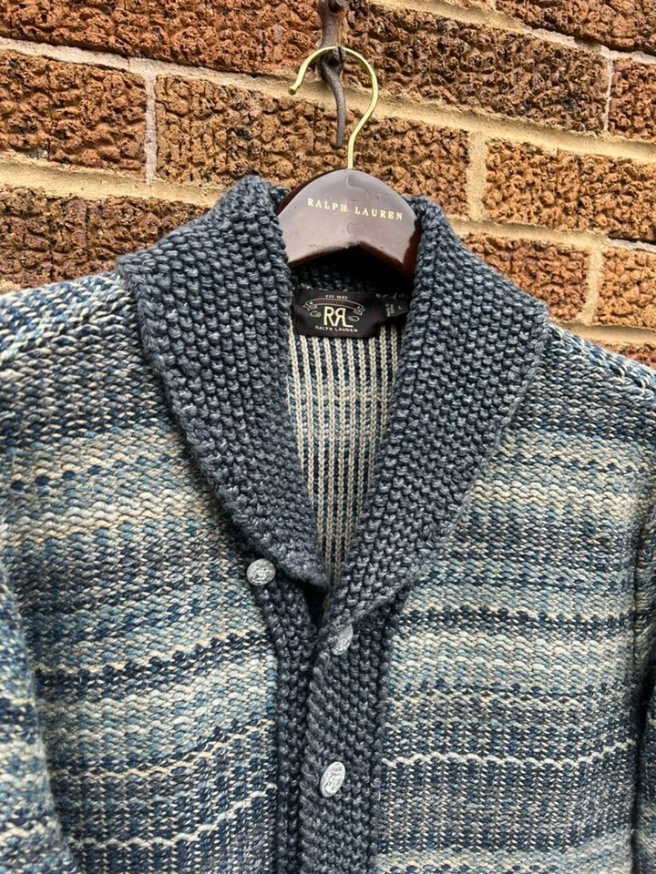 $1190 New RRL Ralph Lauren Hand Knit Cardigan Navy Striped Men's Size Large L - Image 2 of 4