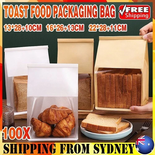 100x Kraft Paper Flat Bottom Cake Packaging Plastic Toast Bread Bags With Window