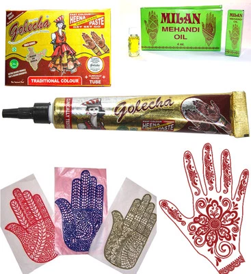 Henna-Set Mehandi Schablonen + Golecha Paste - Tube rot á 25g + Mehandi Öl 4 ml
