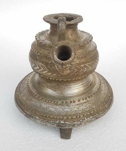 1900's Old Vintage Antique Brass Rare Gold & Silver Plated Engraved Hookah Pot - Picture 4 of 9