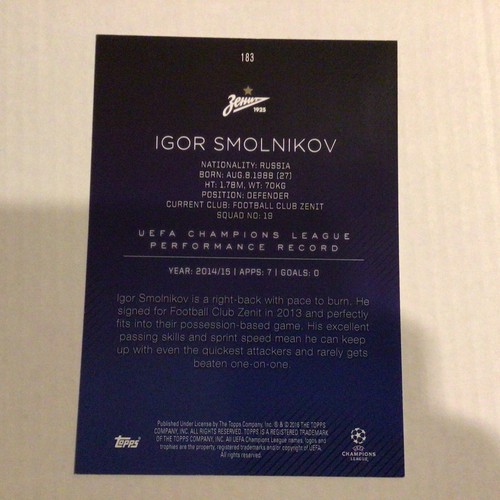IGOR SMOLNIKOV #183 RC 5x7 Club Zenit 05/10 Hecho 2015-2016 Topps Champions UEFA - Imagen 2 de 2