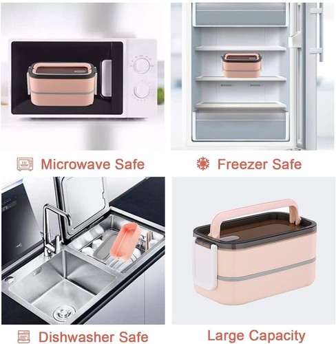 Lunch Box Adults Leak Proof 2 Layer Bento Snack Microwave Safe BPA-Free(Pink) - Bild 6 von 7