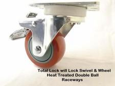 3" x 1-1/4" Swivel Caster w/ Red Polyurethane Wheel Total Lock Brake 265 lb ea