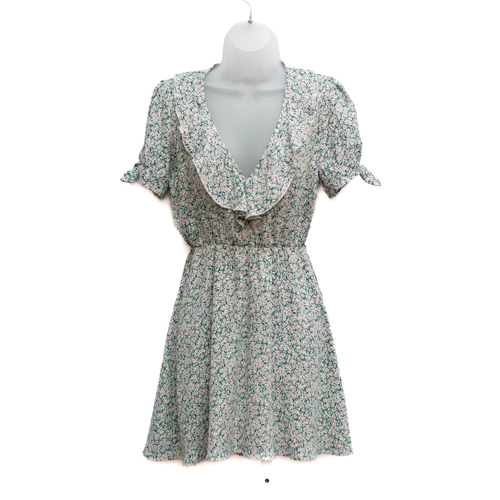 Show Me Your MuMu Natasha Mini Dress S Green Pink Ruffle Floral Boho Knot Sleeve - Picture 1 of 9