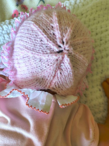 Hand Knitted Baby Girl Gift Set Lace edged Bonnet & Bootees with Teether Toy - Picture 5 of 6