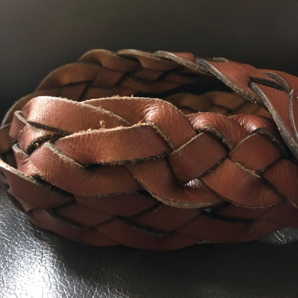 Brown Leather Wide Braided Belt with Round Silver Buckle Handmade India Size M 2 main image 2