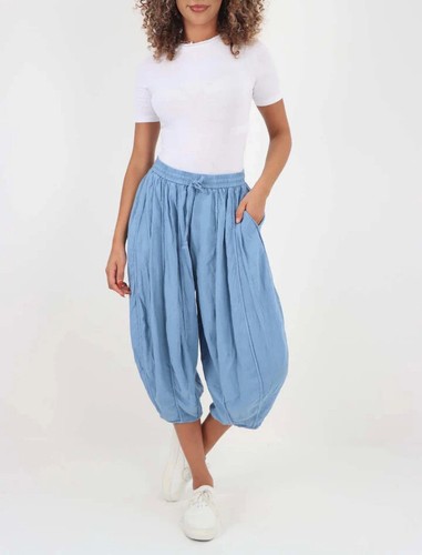 Ladies Side Pocket Italian Panelled ¾ Length Joggers Elastic Waist Linen Trouser - Picture 29 of 45