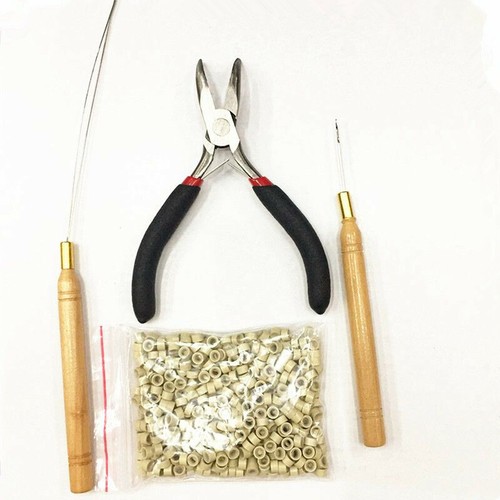 Hair Extension Kit Pliers Hook Tool For Micro Rings Loop & 500Pcs Silicone Beads - Picture 11 of 11