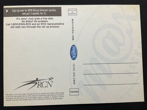 Tarjeta postal vintage RCN, Dail-up Internet, arte publicitario, Max Racks (2000) - Imagen 2 de 2
