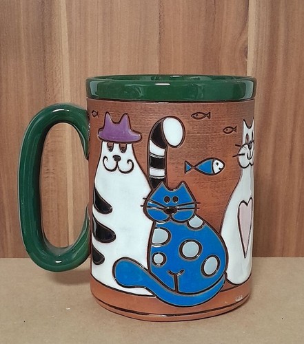 Keramik Tasse Grün *Katzenpaare* Bunt Bemalt Deko Handarbeit - Bild 2 von 3