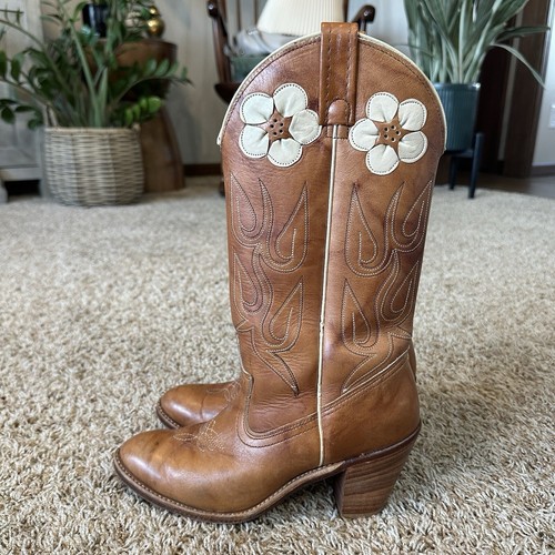 Vtg Acme Daisy Floral Inlay Cowgirl Boots Brown Leather Womens Sz 6.5M USA Made - Picture 4 of 13