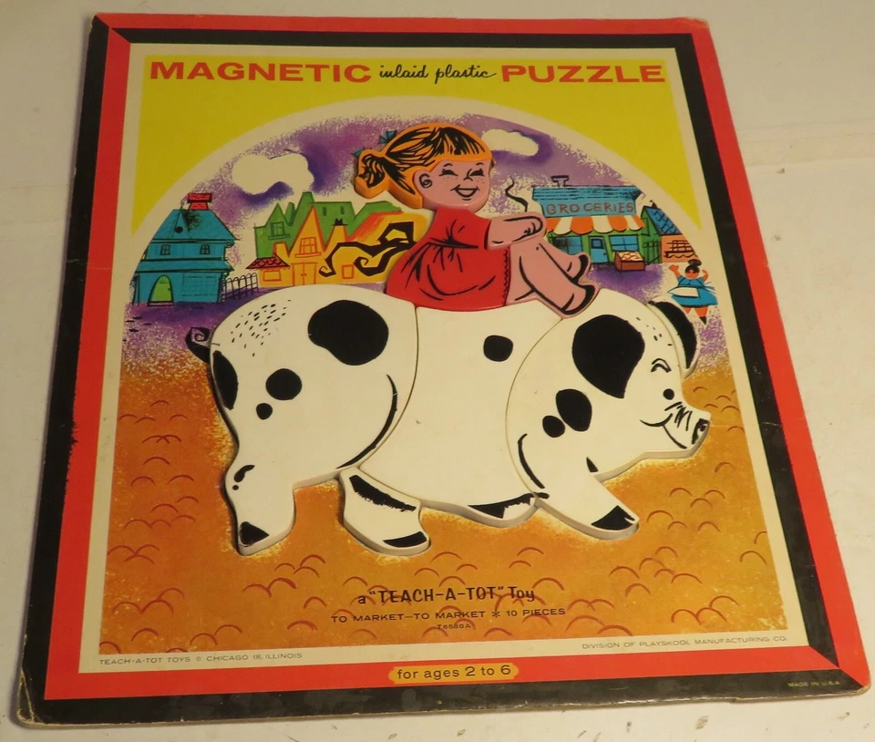 Vintage Rare Playskool Inlaid Plastic Magnetic Puzzle Complete To Market Pig 7pc - Image 2 of 4