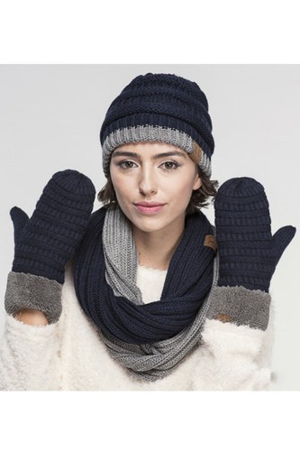 C.C Exclusive Women Two Tone Fleece Lined Knit Warm Soft Mitten Gloves with Cuff - Picture 2 of 12