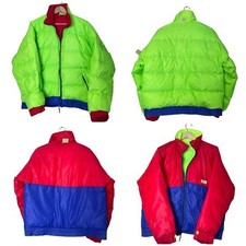 Cb Sports Vtg Down Insulated Reversible Full Zip Puffer Jacket Women Size L Neon